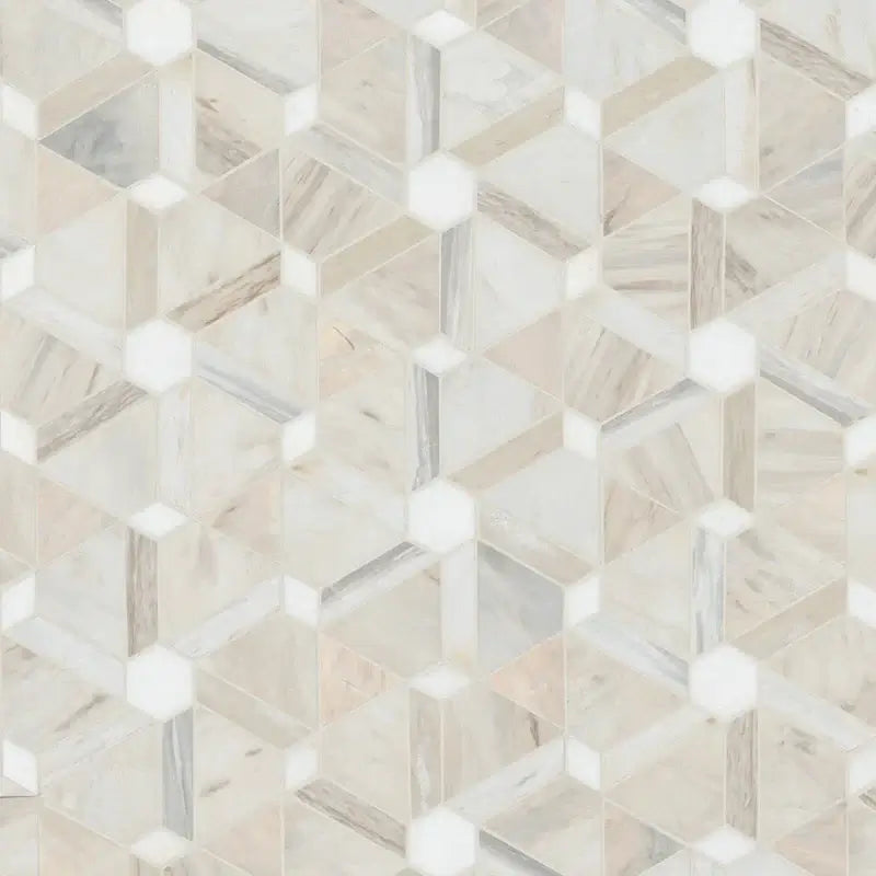 Angora Floralis polished marble mosaic tile featuring an intricate hexagonal pattern in soft neutral tones.