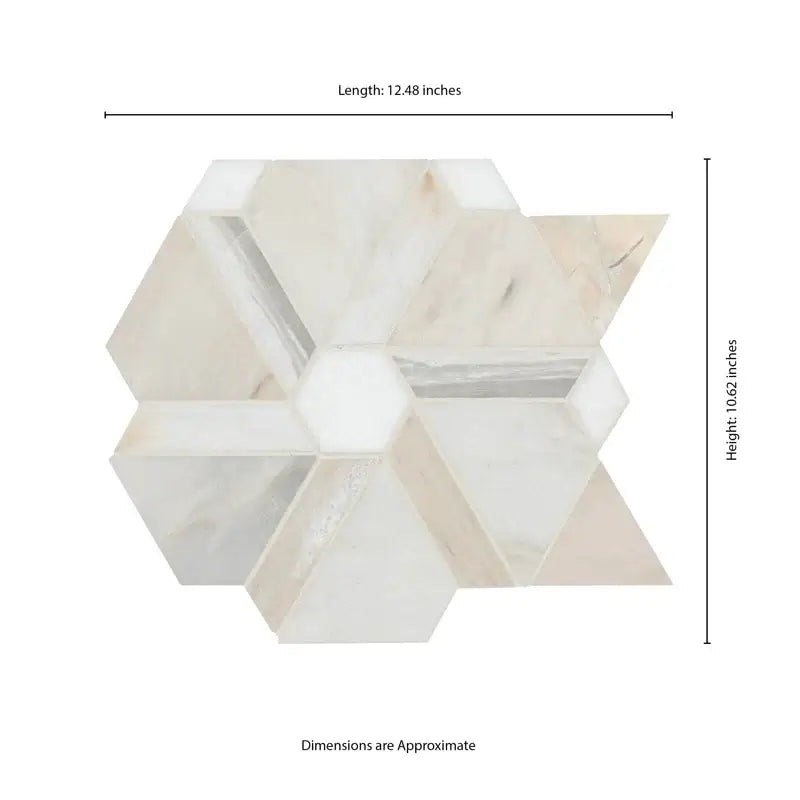 Angora Floralis polished marble mosaic tile dimensions 12.48" length and 10.62" height, showcasing unique floral design.