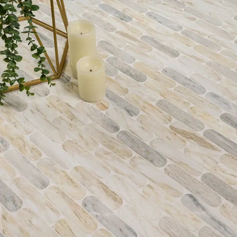 Angora Ellipse 12" X 12" polished marble mosaic floor tile with modern ellipse pattern and indoor decor elements.