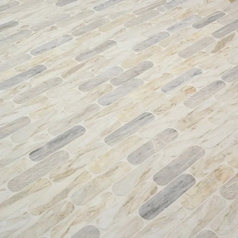 Angora Ellipse 12" X 12" polished marble mosaic tile with a contemporary ellipse pattern for elegant floors and walls.