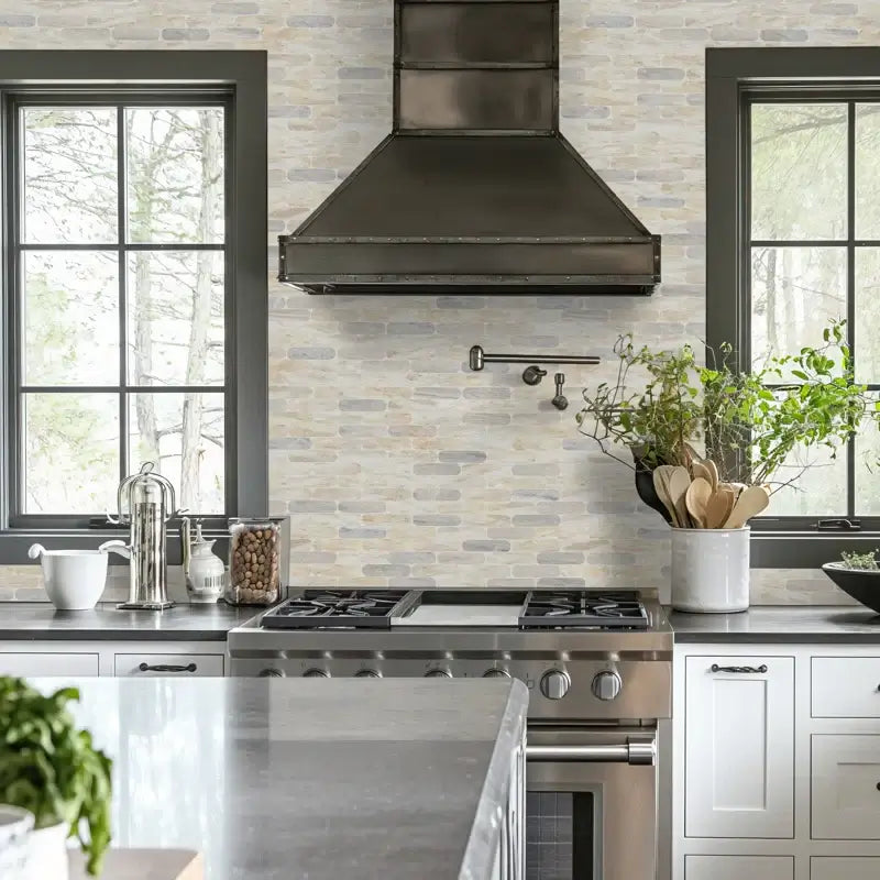 Modern kitchen featuring a polished stone backsplash, stainless steel appliances, and large windows with greenery.