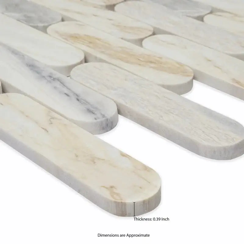 Close-up of Angora marble mosaic tiles showcasing ellipse design, 0.39 inch thick, perfect for luxurious interiors.