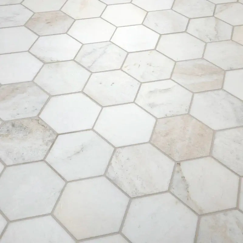 5" Arabescato Venato White Hexagon honed marble mosaic tile flooring for elegant interiors.