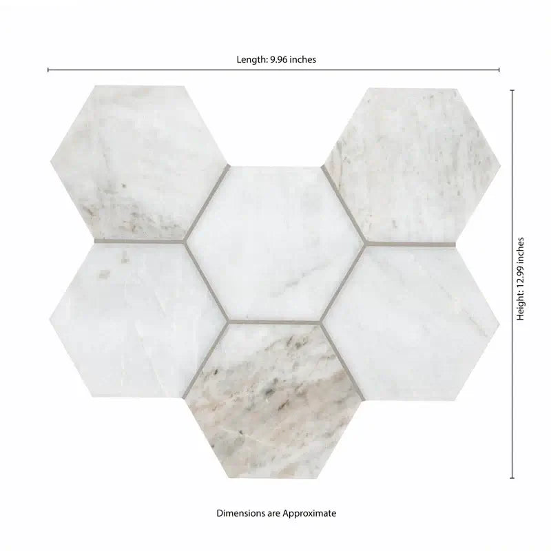5-inch Arabescato Venato hexagon marble mosaic tile layout with dimensions for interior design