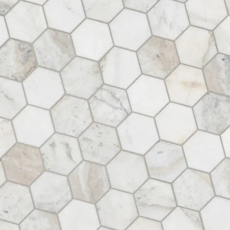 5" Arabescato Venato honed marble hexagon mosaic tile for elegant interior design projects.