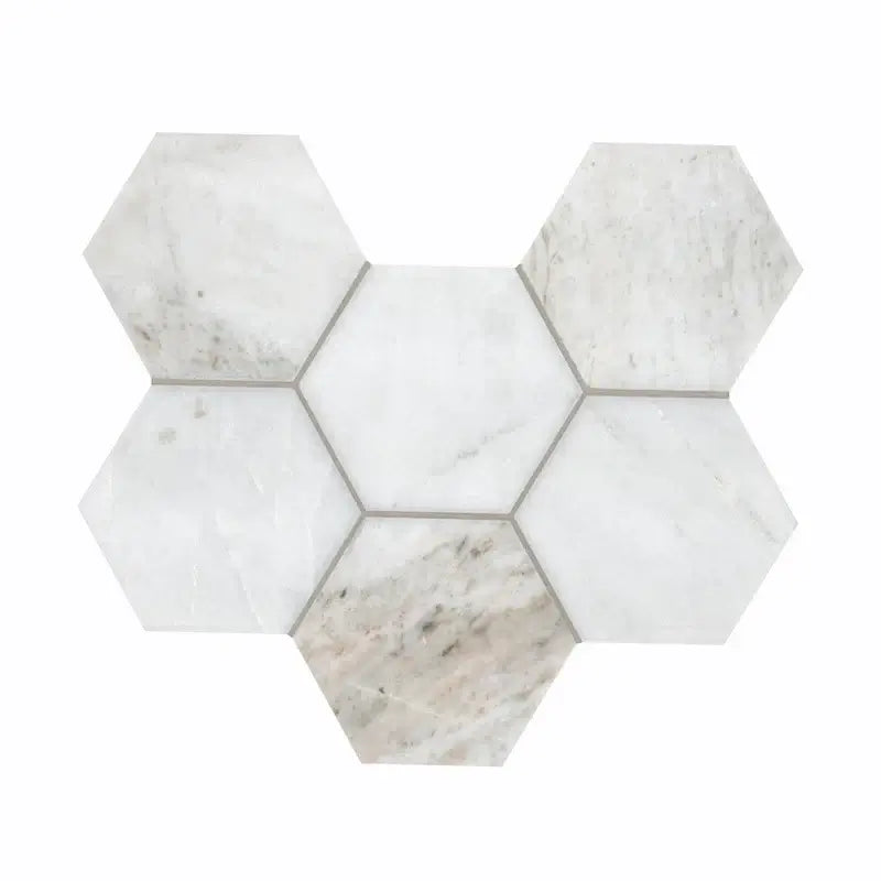 5" Arabescato Venato White Hexagon Marble Mosaic Tile, honed finish, modern design for elegant interiors.
