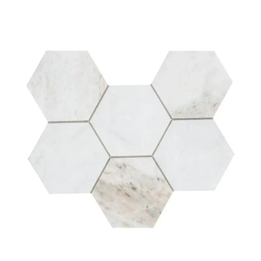 5" Arabescato Venato White Hexagon Honed Marble Mosaic Tile for elegant flooring and wall designs