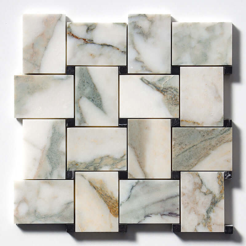 Jumbo Calaverde Calacatta Green honed marble mosaic design showcasing classic basketweave pattern for elegant interiors.