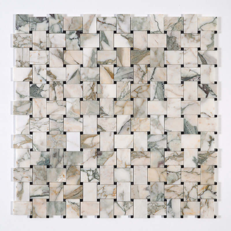 Jumbo Calaverde Calacatta Green honed basketweave marble mosaic tile for elegant interior design.