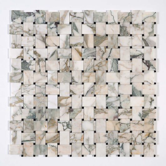 Jumbo Calaverde Calacatta Green honed basketweave marble mosaic tile for elegant interior design.