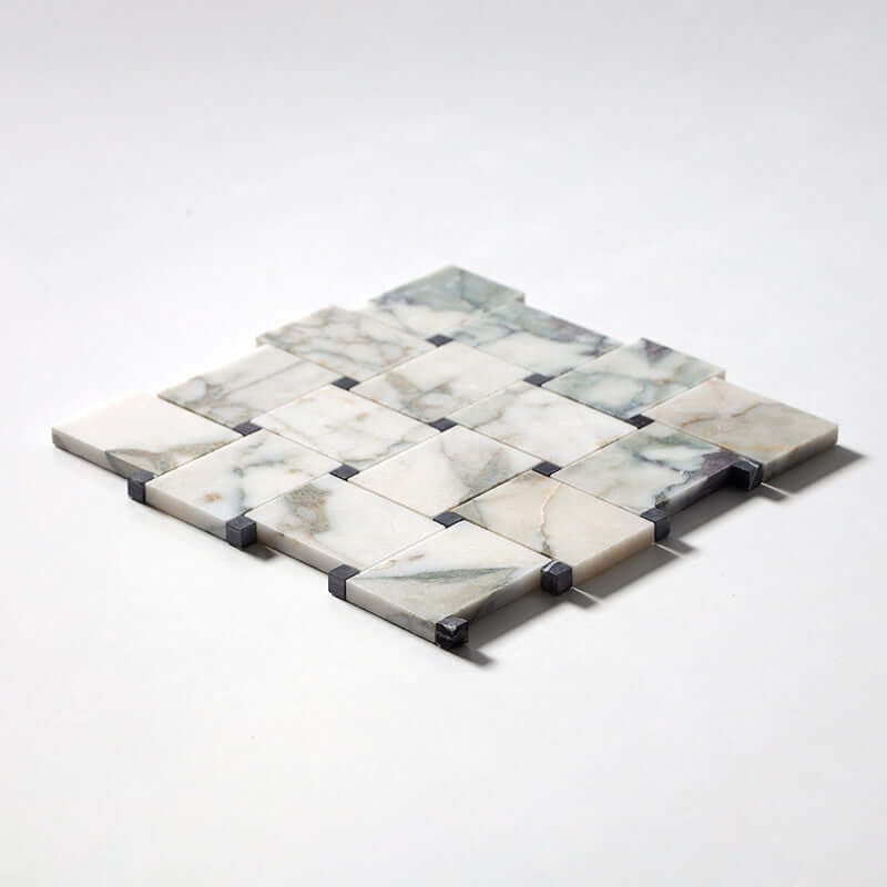 Jumbo Calaverde Calacatta Green Honed Basketweave Marble Mosaic with distinctive green and white patterns.