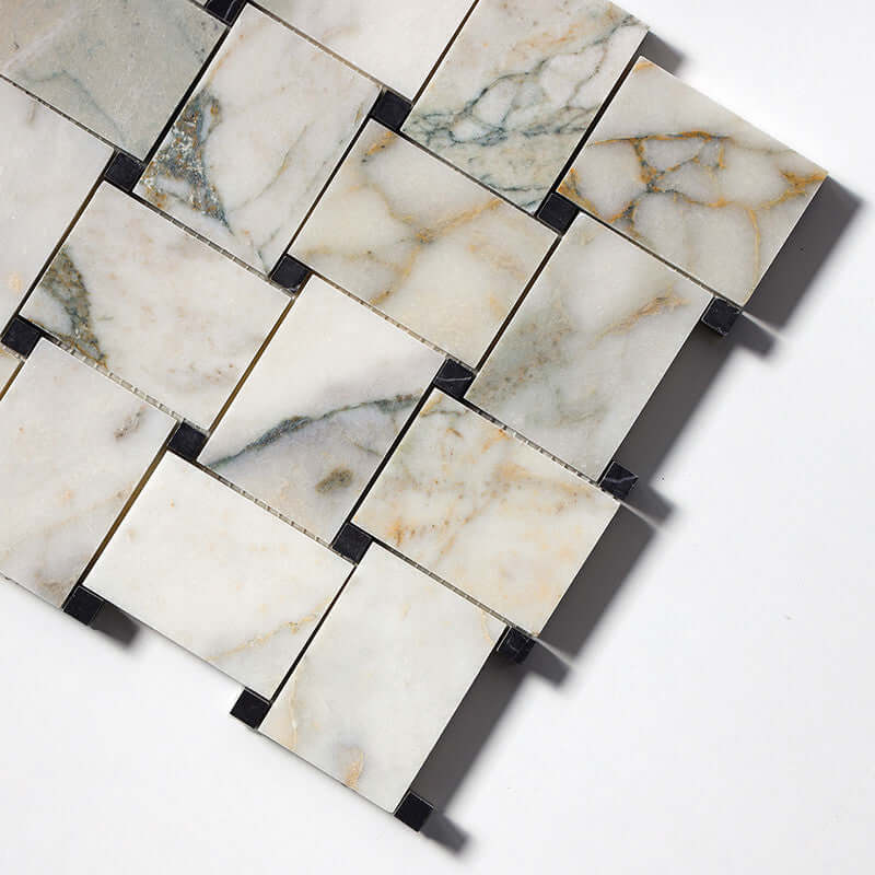 Jumbo Calaverde Calacatta Green Honed Basketweave Marble Mosaic displaying elegant green and gold veining.