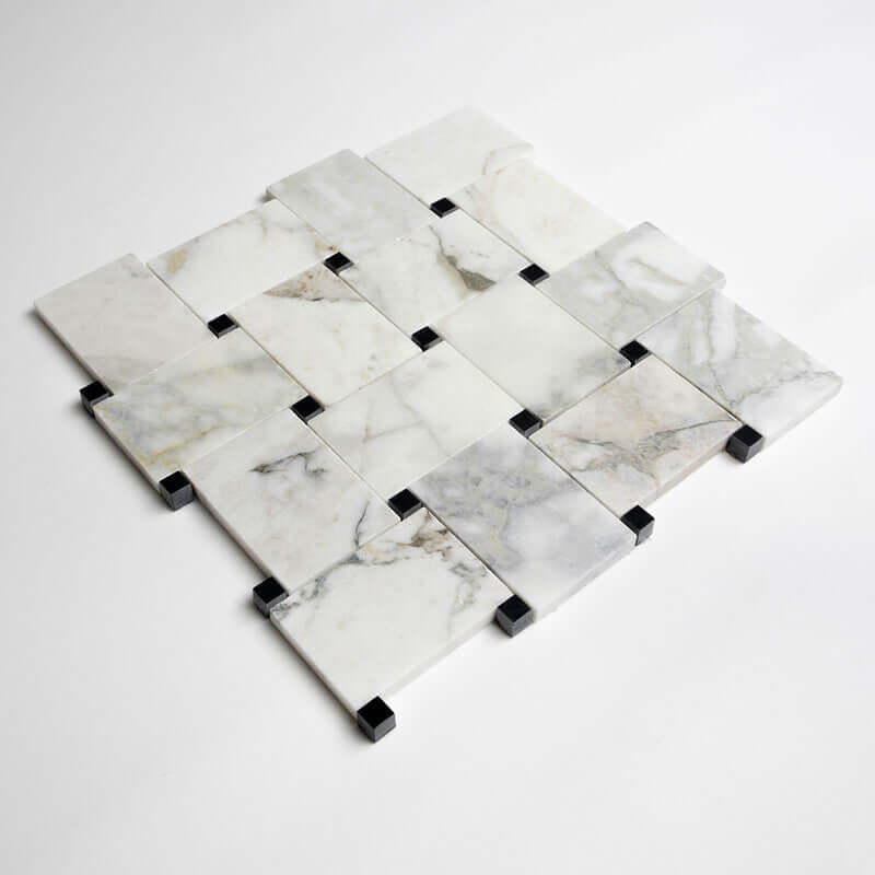 Jumbo Calaverde Calacatta Green honed marble basketweave mosaic tile layout, showcasing unique green marble patterns.
