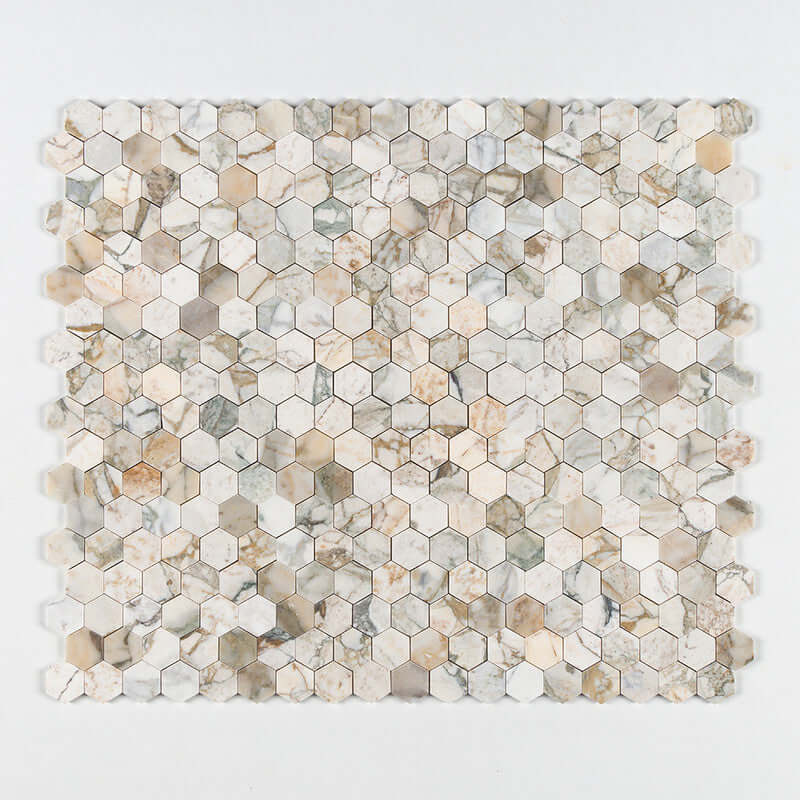 Hexagon marble mosaic tiles in neutral tones for interior design, showcasing intricate patterns and textures.