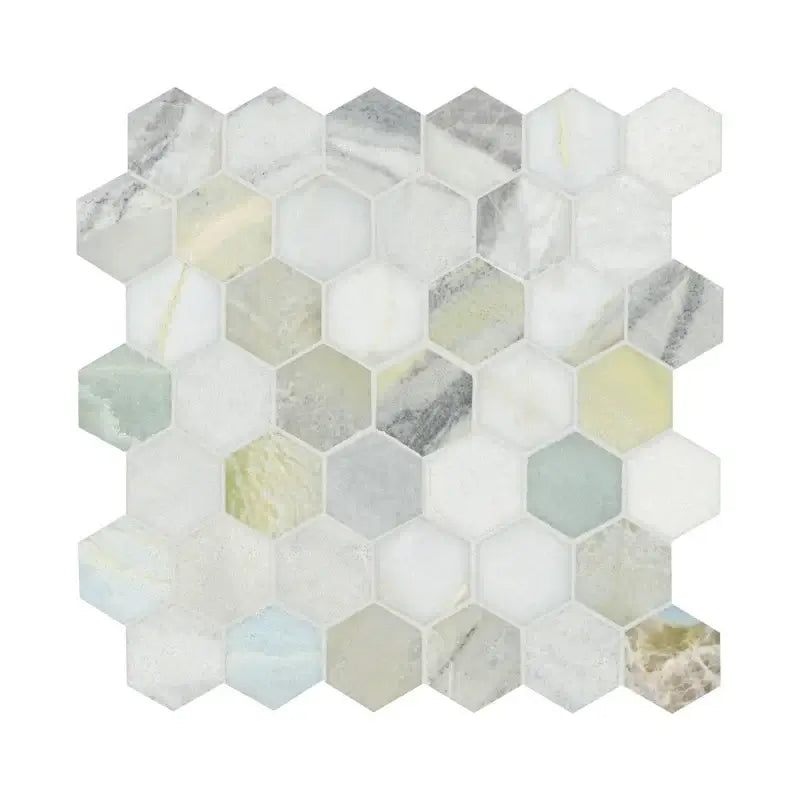Cloudland 2" hexagon polished marble mosaic tile in shades of white and gray, ideal for luxurious interiors and flooring.
