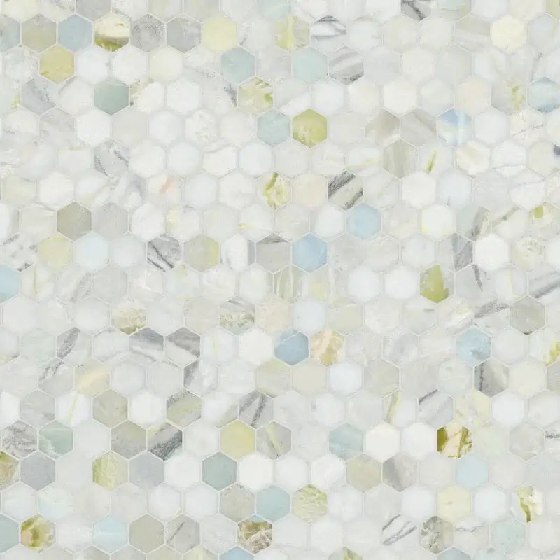 Cloudland 2" hexagon polished marble mosaic tile, featuring a serene color palette and intricate veining.