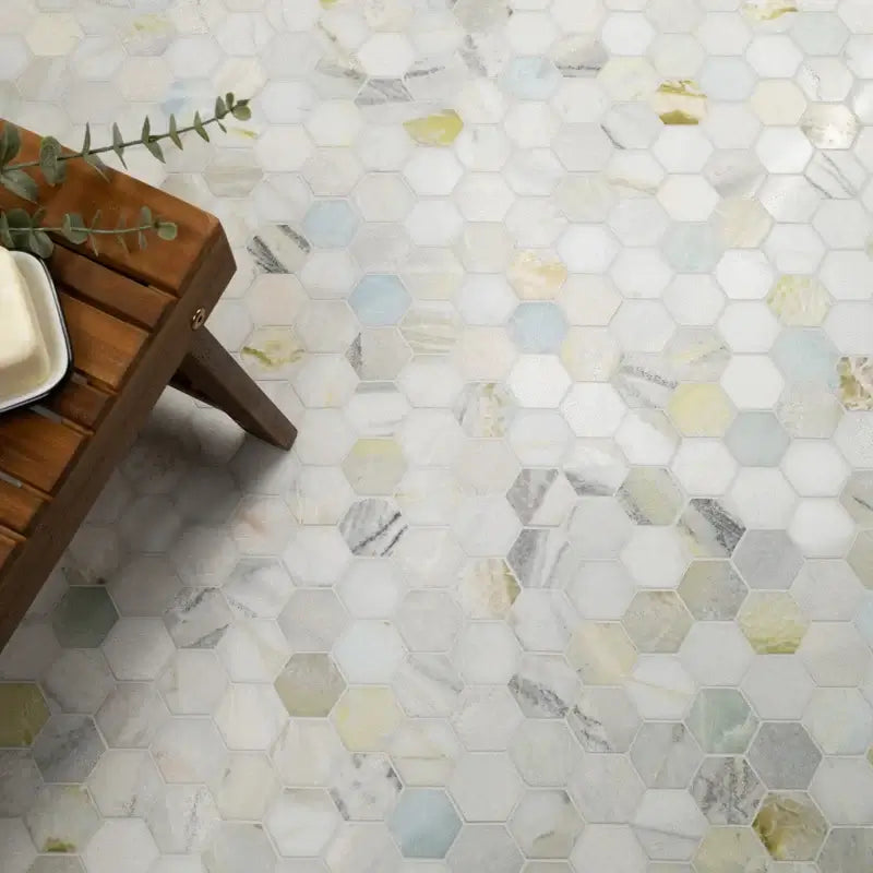 Cloudland 2" hexagon polished marble mosaic tile floor in sophisticated neutral tones, ideal for elegant interiors.