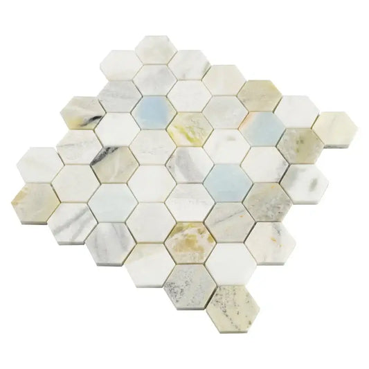 Cloudland 2" hexagon polished marble mosaic tile, featuring a blend of white and soft blue veining.