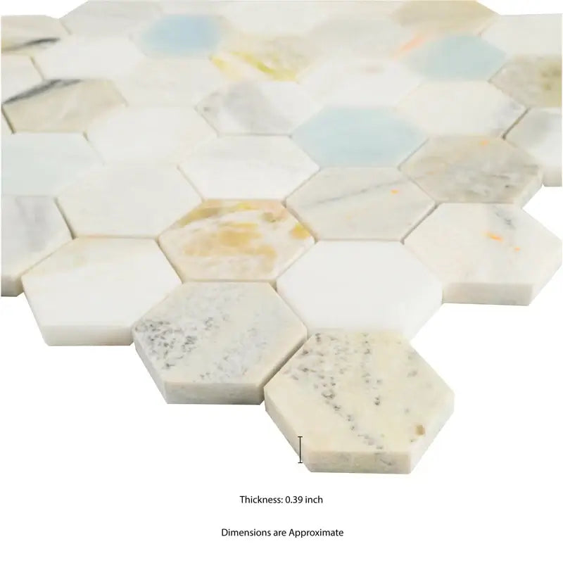 Close-up of 2" Cloudland Hexagon Polished Marble Mosaic Tile with blue and gray veining, thickness 0.39 inch.