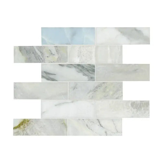 Cloudland 2x6 Polished Marble Subway Mosaic Tile featuring a blend of white, gray, and blue veining patterns.