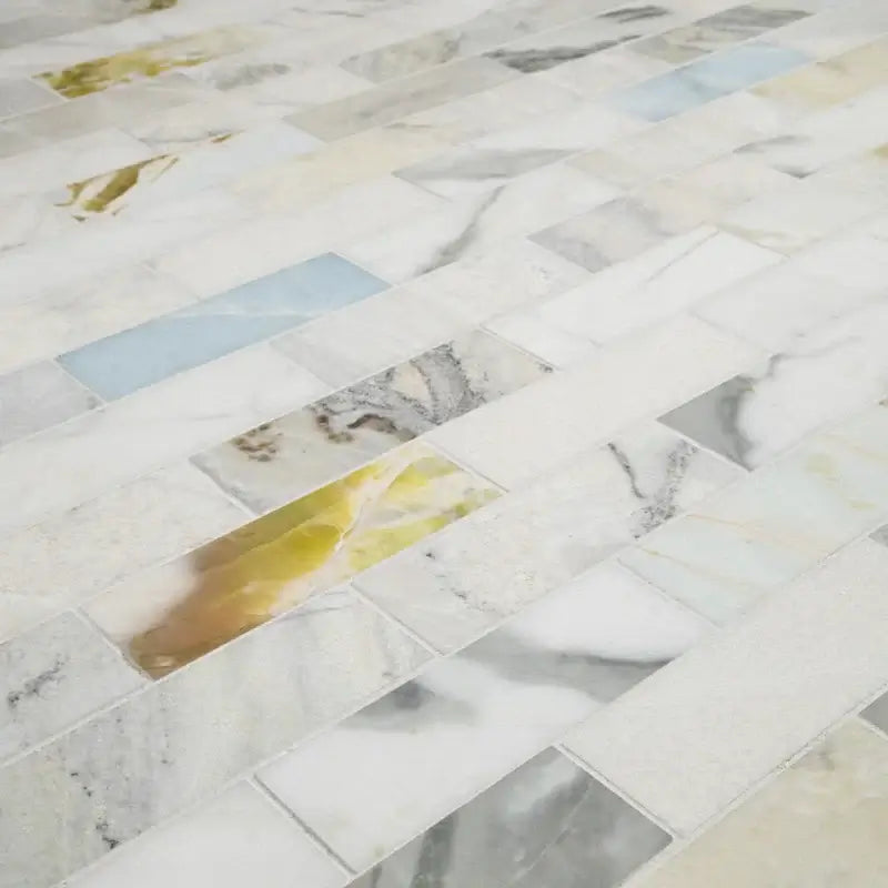 Cloudland 2x6 Polished Marble Subway Mosaic Tile with elegant veining in blue and gray tones, perfect for classy interiors.