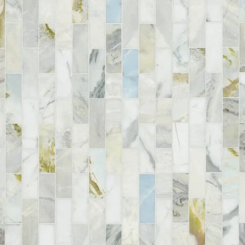 Cloudland 2x6 polished marble subway mosaic tile featuring elegant veining in blue, gray, and white tones.