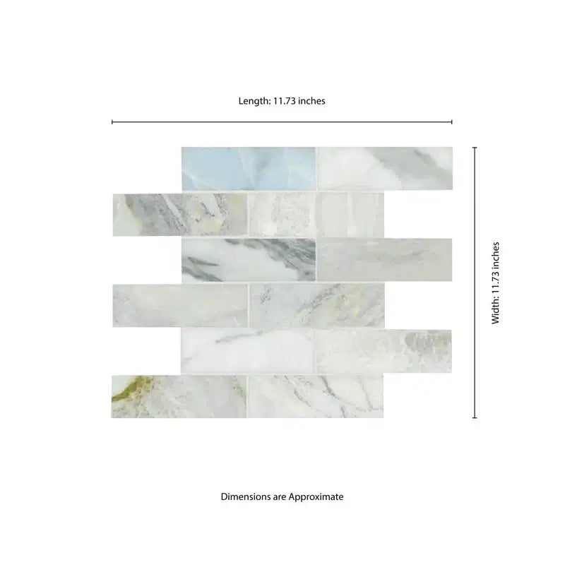 Cloudland 2x6 polished marble subway mosaic tile sample, dimensions 11.73x11.73 inches, featuring elegant veining.