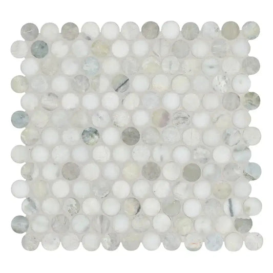 Cloudland 12" X 12" polished marble mosaic tile featuring round pattern in cool white tones.