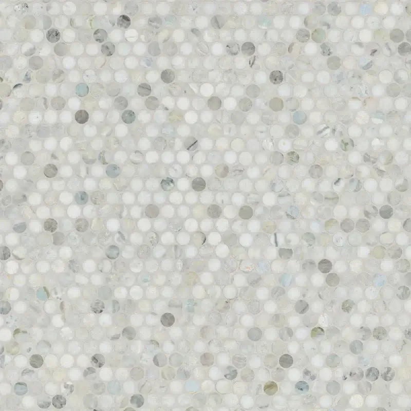 Cloudland 12" X 12" polished marble mosaic tile with round pattern in white and gray tones for elegant interiors.