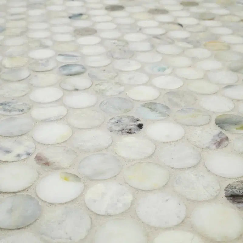 Cloudland Penny Round Pattern Polished Marble Mosaic Tile, close-up view showcasing natural stone elegance.