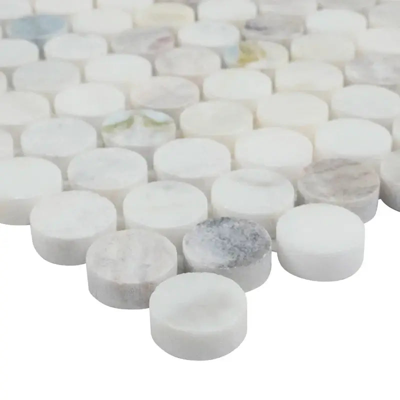Cloudland Penny Round Polished Marble Mosaic Tile, 12"X12", showcasing elegant white tones and natural stone veining.