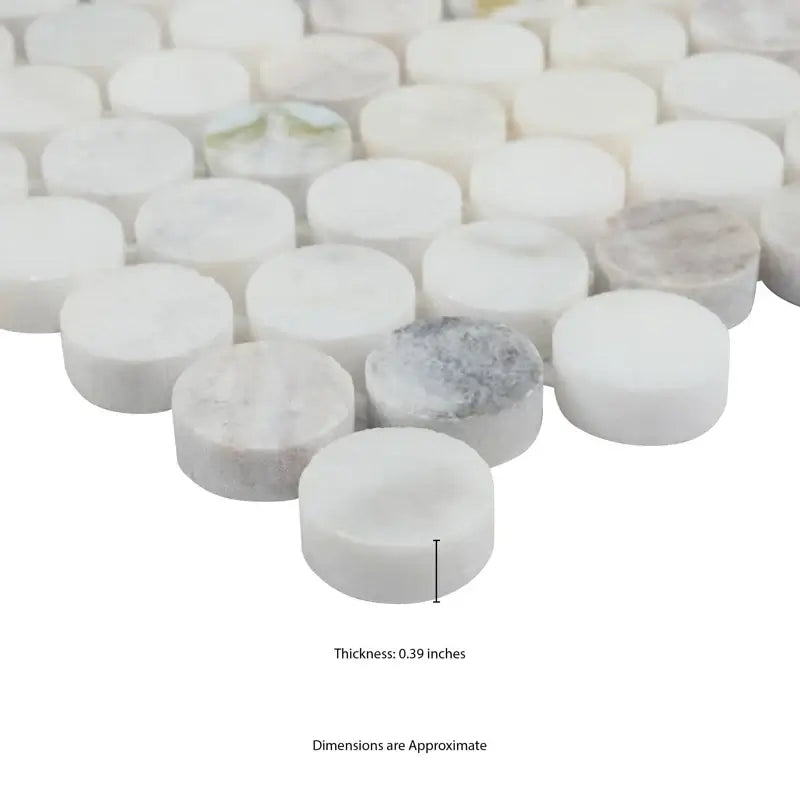 Cloudland polished marble mosaic tile showcasing round pieces, each 0.39 inches thick, ideal for elegant interior designs.