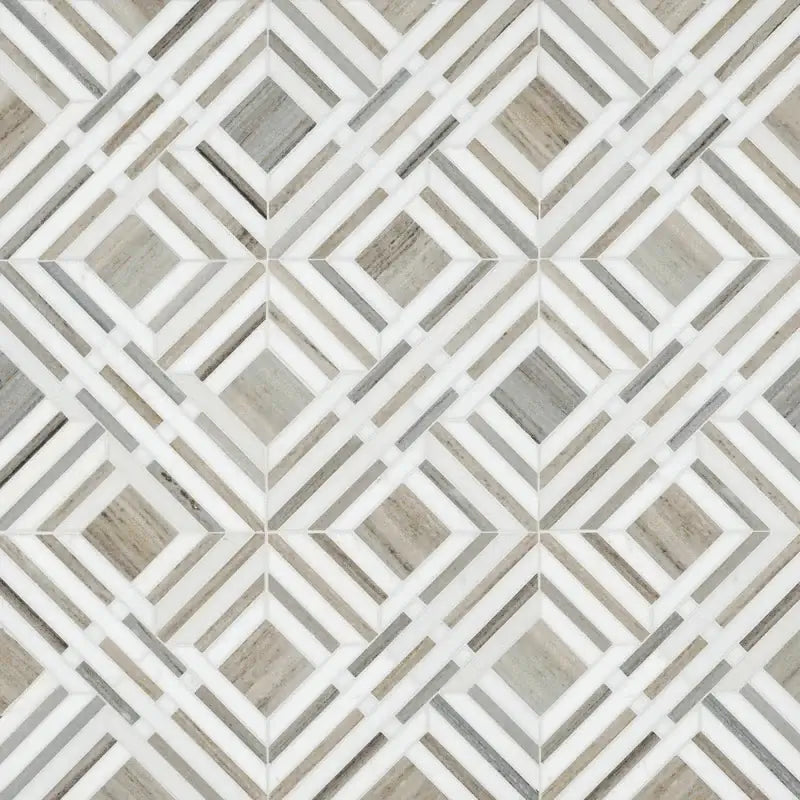 Wellington Pattern 12" X 12" Polished Marble Mosaic Tile showcasing geometric design and natural marble veining.