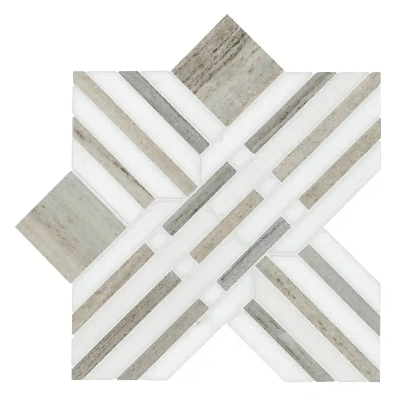 Thassos Wellington Pattern 12" X 12" Polished Marble Mosaic showcasing a unique geometric design in natural stone.