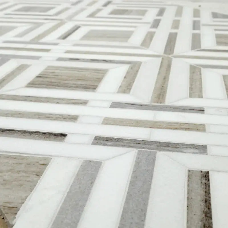 Close-up of Wellington Pattern polished marble mosaic tile showcasing intricate geometric design.