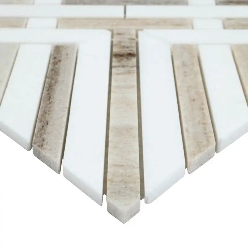 Close-up of Thassos Wellington Pattern mosaic showcasing natural marble tiles in a refined geometric design.