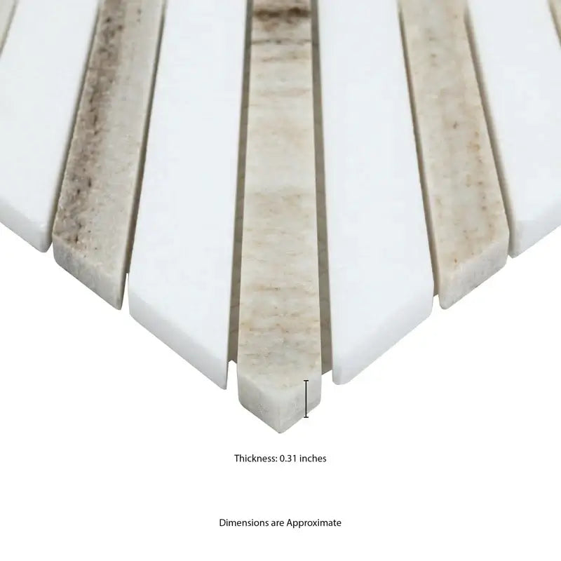 Close-up of Thassos Wellington Pattern marble mosaic tile showing thickness of 0.31 inches and smooth finish.