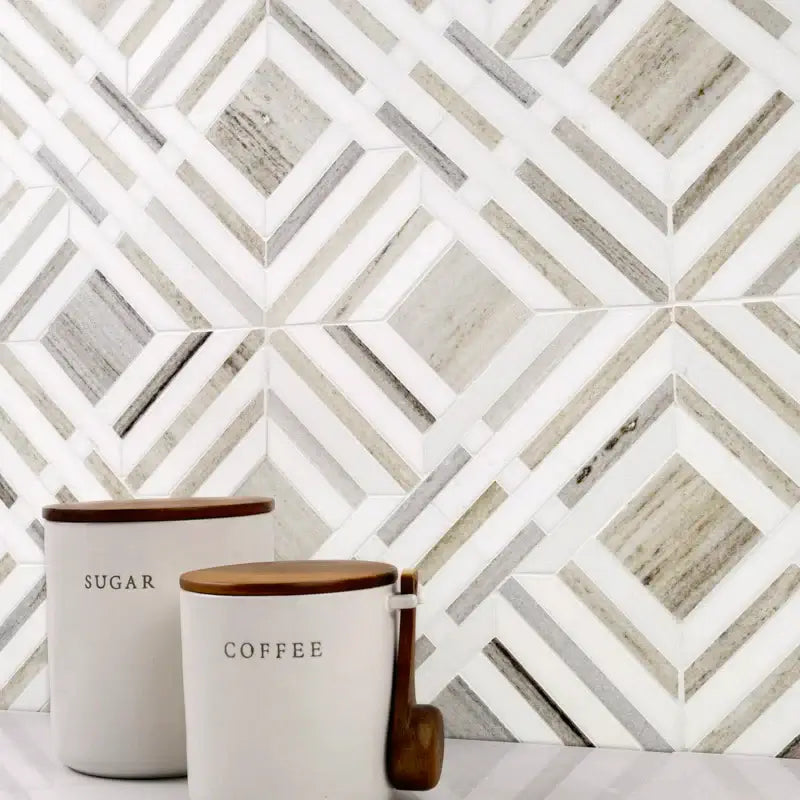 Wellington Pattern 12x12 polished marble mosaic tile with sugar and coffee canisters for elegant kitchen decor.