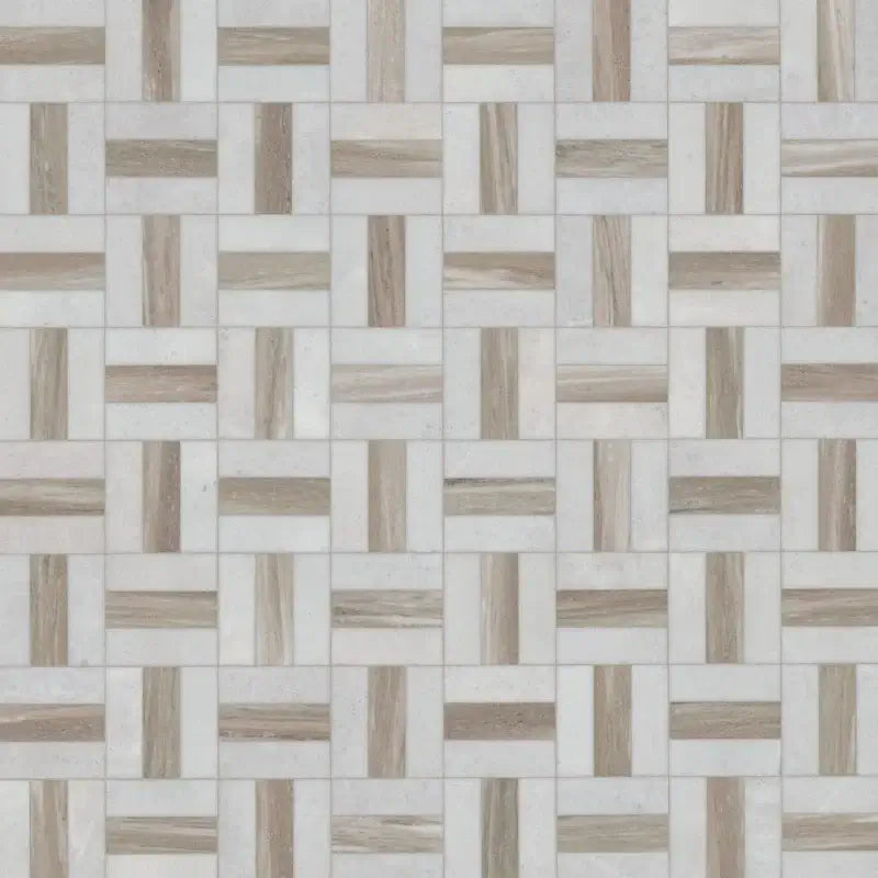 Winslow Weave 12" X 12" Polished Marble Mosaic with elegant patterns and natural hues for luxurious interiors.