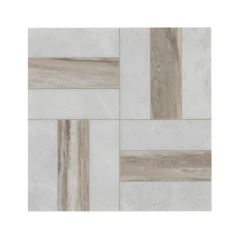 Winslow Weave 12" X 12" polished marble mosaic tile featuring unique veining and sophisticated design elements.