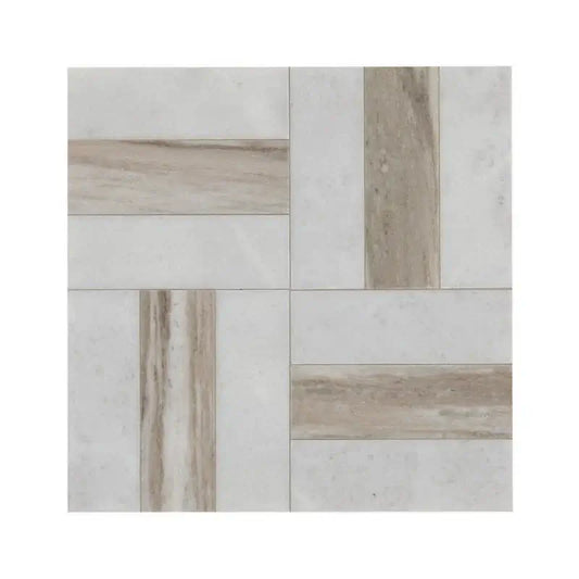 Winslow Weave 12" X 12" polished marble mosaic tile featuring unique veining and sophisticated design elements.