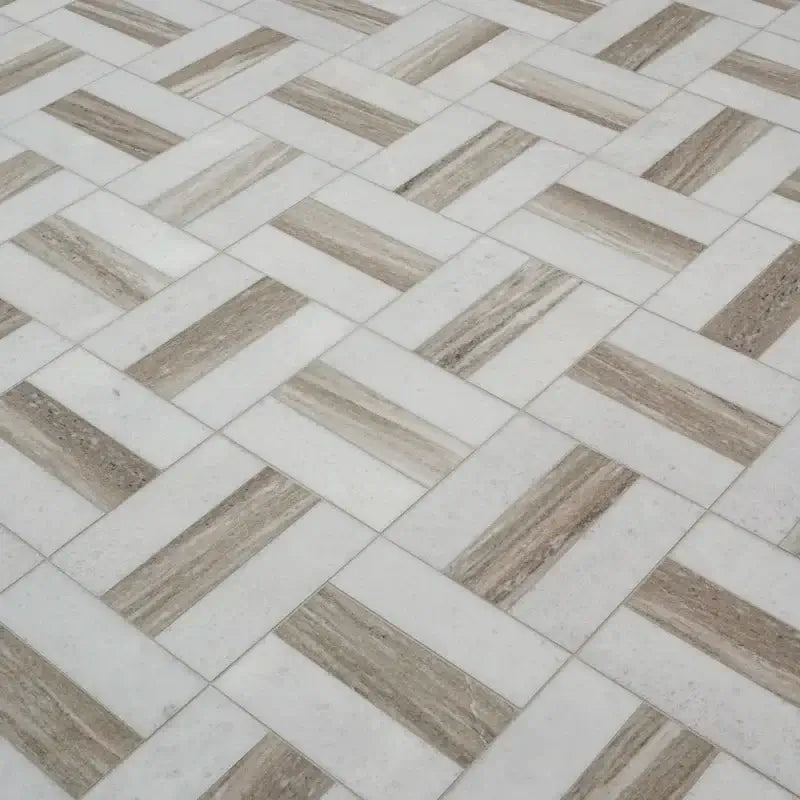 Close-up of Winslow Weave polished marble mosaic tile, showcasing a sophisticated pattern and natural stone beauty.
