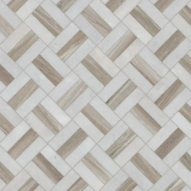Winslow Weave 12" X 12" Polished Marble Mosaic Tile with elegant beige and white pattern for luxurious interiors.