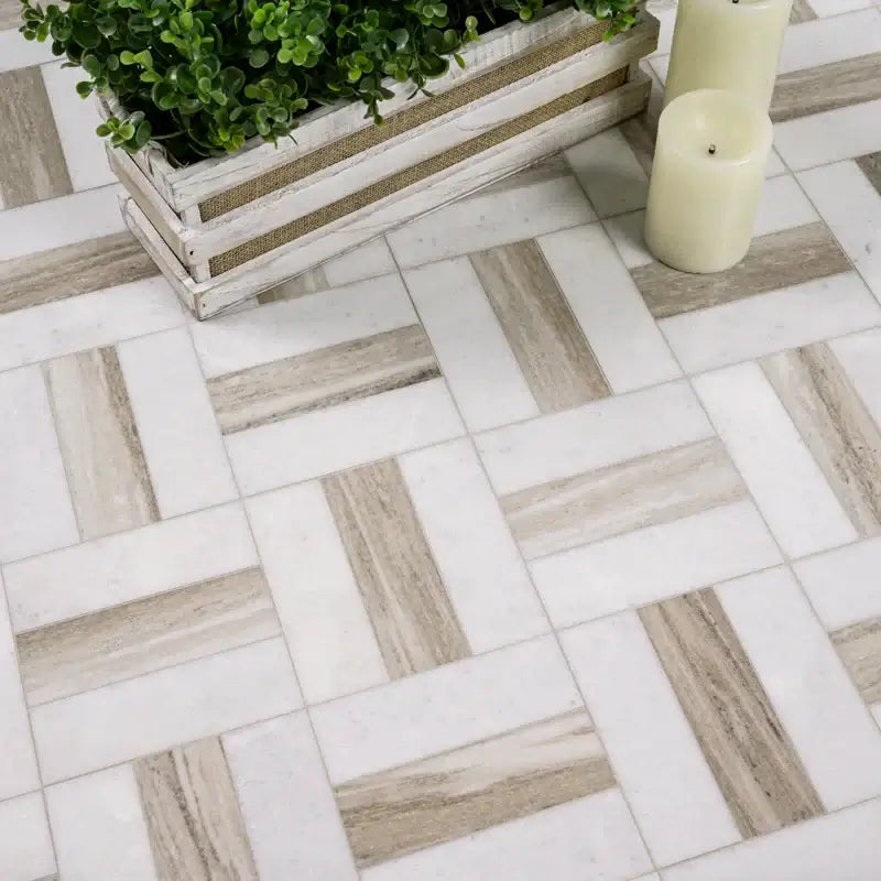 Winslow Weave 12" X 12" Polished Marble Mosaic tile featuring elegant pattern and natural stone beauty.