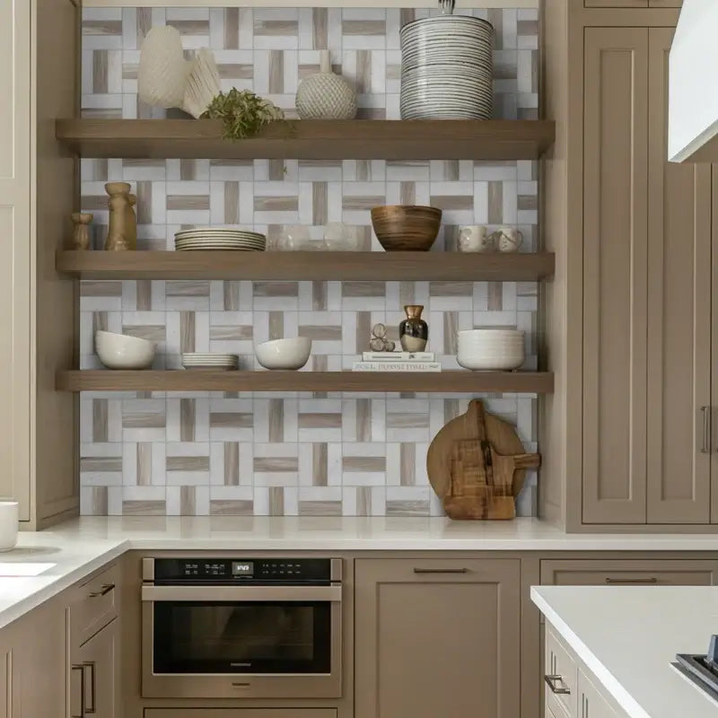Elegant kitchen shelves showcasing Winslow Weave polished marble mosaic tile with decor accents and cookware.