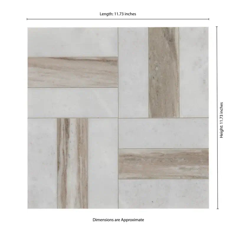 Winslow Weave 12x12 polished marble mosaic tile with unique veining and natural beauty, dimensions 11.73 inches.