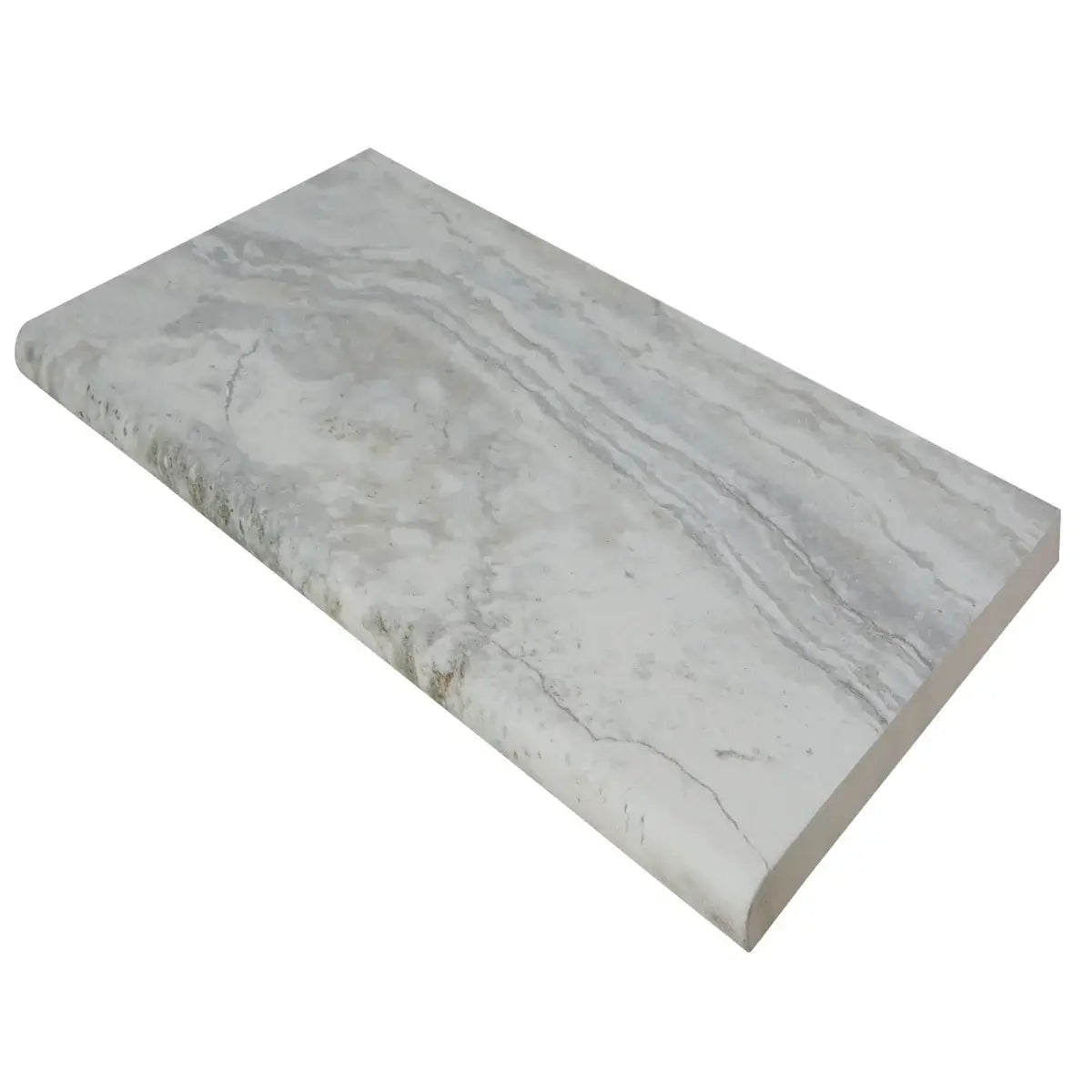 Argento Travertino 13x24 matte porcelain pool coping showcasing a natural stone look in a stylish grey hue.