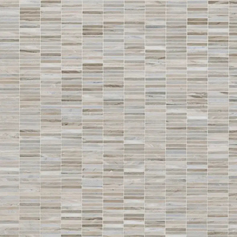 Ravello Mini Stack 12x12 honed marble mosaic tile with contemporary linear design in neutral tones.