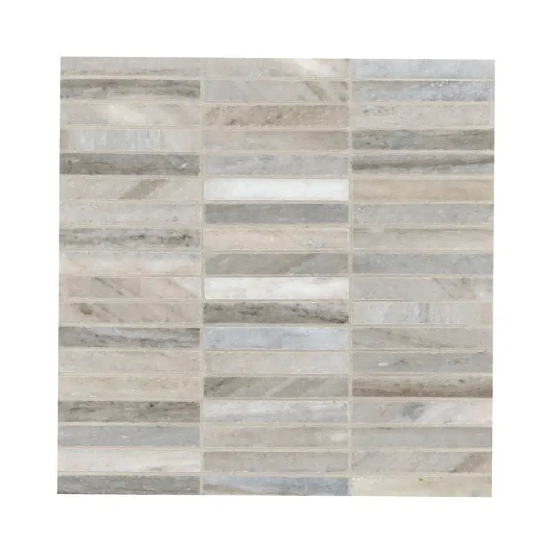 Ravello Mini Stack 12" x 12" honed marble mosaic tile featuring contemporary linear design with grey and beige tones.