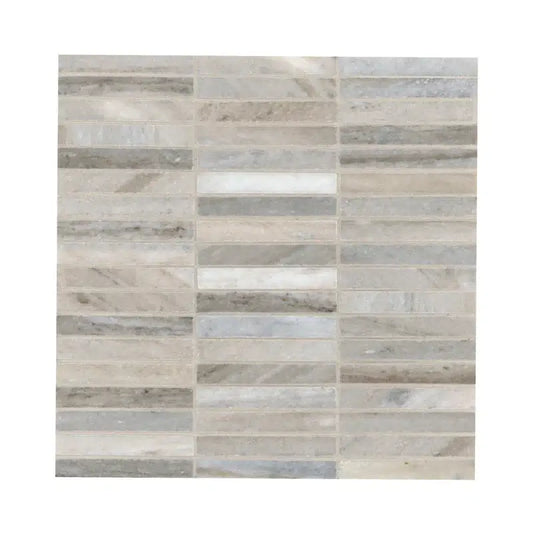 Ravello Mini Stack 12" x 12" honed marble mosaic tile featuring contemporary linear design with grey and beige tones.
